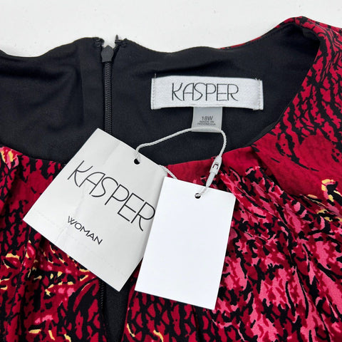Kasper Women's Dress Red Black Multi Floral Pleated Neck Self-Tie Belt Sz 18W