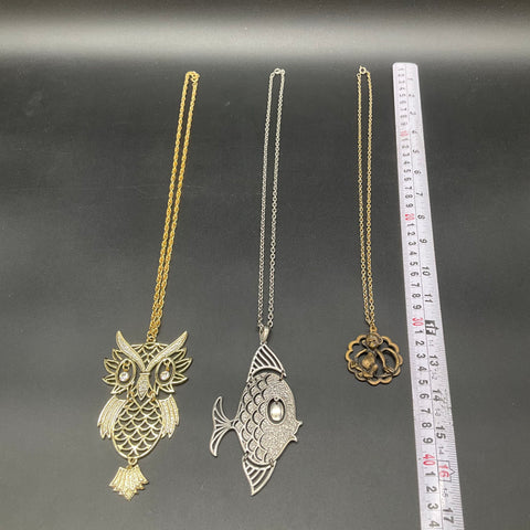 Vintage Animal Costume Jewelry Lot of 3 Owl Fish Monkey Pendants Necklaces