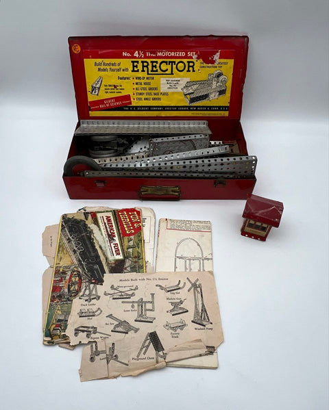 Gilbert Erector Set No. 4 1/2 Motorized Set 1948 Vintage Red Metal Box