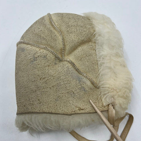 Vintage Tan Suede Sheepskin Shearling Lined Trapper Bonnet Hat