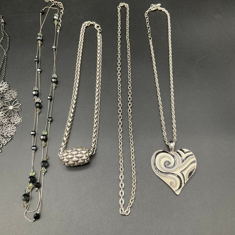 Silver Tone Fashion Jewelry Lot of 6 Statement Necklaces Heart Floral Bib
