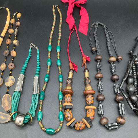 Vintage Boho Tribal Statement Necklace Lot 7pc Wood Bone Beaded Ethnic Designs