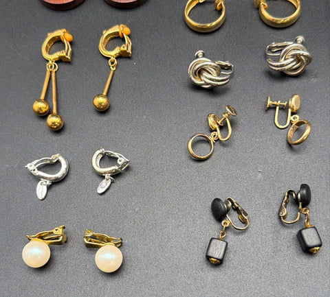 Vintage Costume Clip On Earrings Lot of 28 Pairs Faux Pearl Enamel Rhinestone