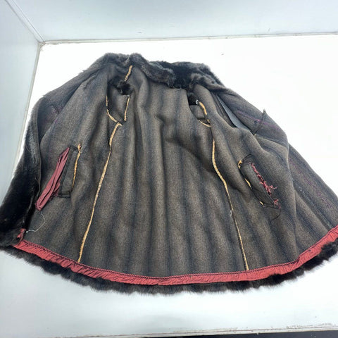 Vintage Dark Brown Faux Fur Coat Jacket Shawl Collar Mid-Century Style