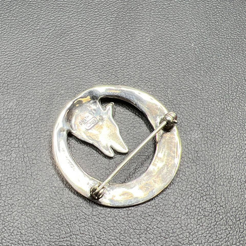 Sterling Silver Howling Wolf Full Moon Brooch Signed 5.6g