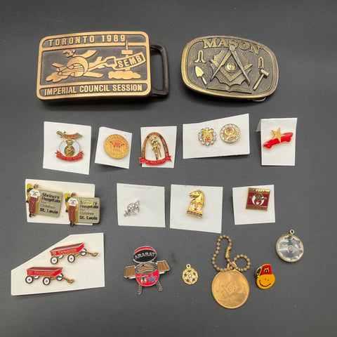 Vintage Shriner Masonic Jewelry Lot 20pc Pins Belt Buckles Tangier Moolah Ararat