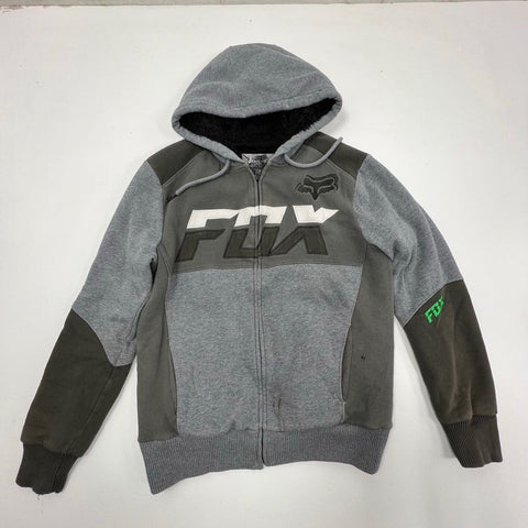 Y2K Fox Sasquatch Mens Faux Fur Lined Full Zip Hoodie Gray Colorblock Size S