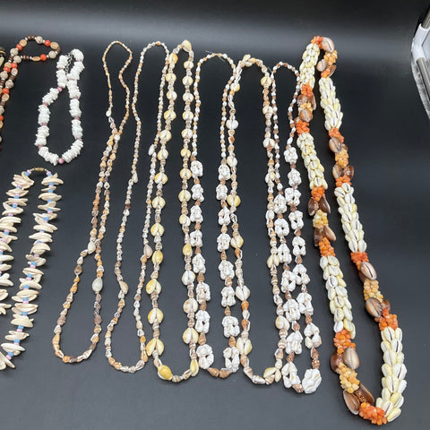 Vintage Boho Ethnic Shell Beaded Necklace Lot 12pc Cowrie Puka Hamsa Pendants