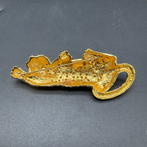 Vintage Retro Large Crawling Tiger Brooch Gold Tone Black Enamel Marked B