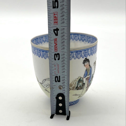 Vintage Japanese Porcelain Tea Cup Figural Scene Ladies Blue Square Seal Mark