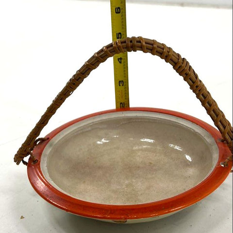 Vintage Japanese Hand Painted Ceramic Lidded Dish Bowl Caddy Wicker Handle 7.25"