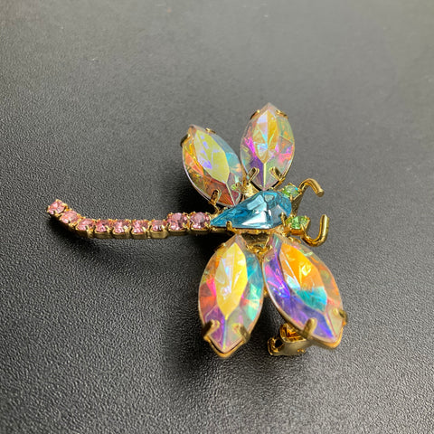 Vintage 1980s Gold Tone AB Rhinestone Dragonfly Brooch UV Reactive Eyes