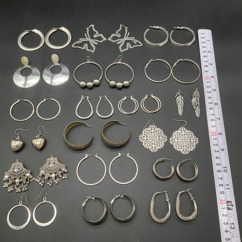 Silver Tone Fashion Jewelry Earring Lot 19 Pairs Hoops Dangles Butterfly Boho