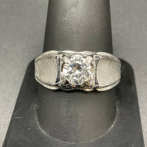 Lind Silver Tone Round Cut Clear Stone Ring Textured Shoulders Size 11