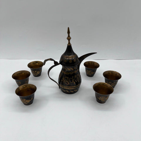 Vintage Brass Dallah Coffee Pot Set 6 Cups Etched Floral Middle Eastern Style