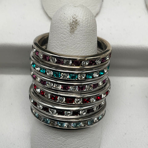 Rhinestone Stacking Band Costume Jewelry Lot of 6 Silver Tone Rings Size 8