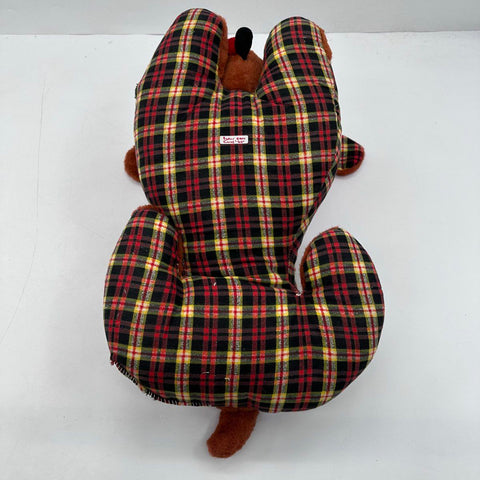 Vintage 1960s Dog Plushie Plaid Brown Faux Fur Stuffed Animal 20 Inch Large