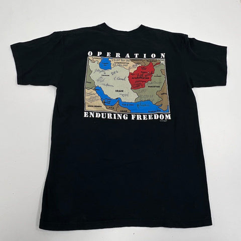 Anvil Vintage Y2K Operation Enduring Freedom Signed T-Shirt Black Graphic Map L