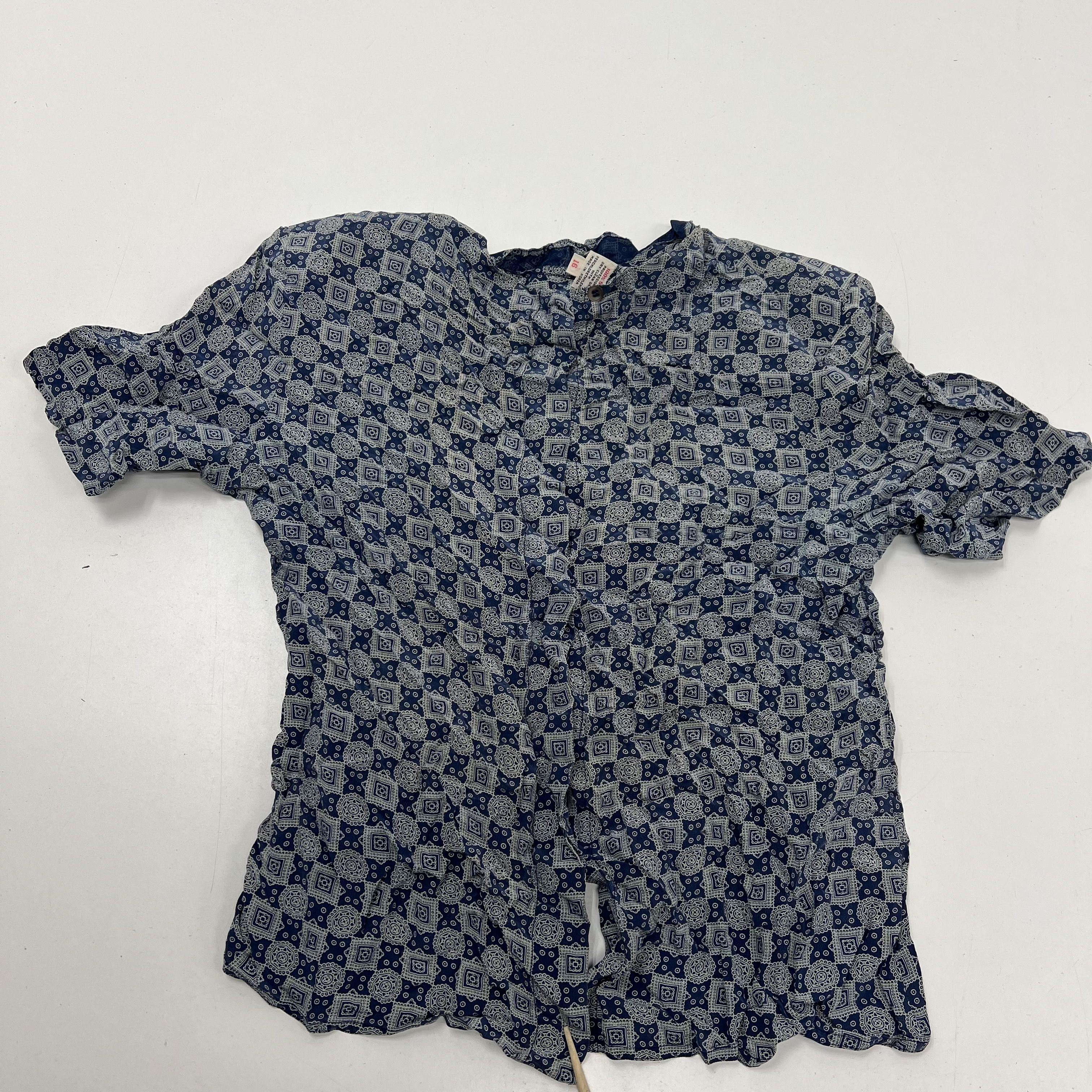 Vintage 90s Nordstrom Blue Geometric Print Silk Crinkle Blouse Women's 16