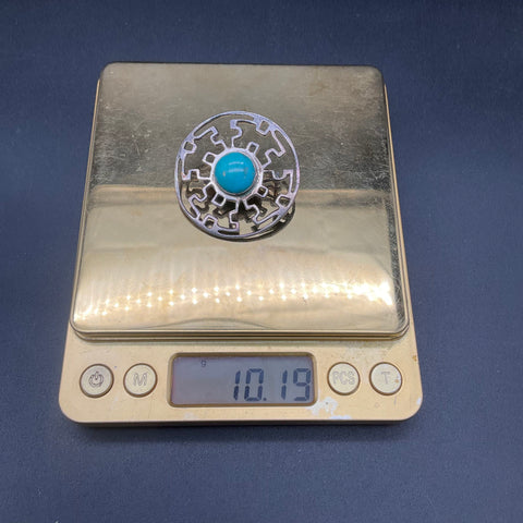 925 Sterling Silver Turquoise Mandala Geometric Cut Out Brooch Pin 10g