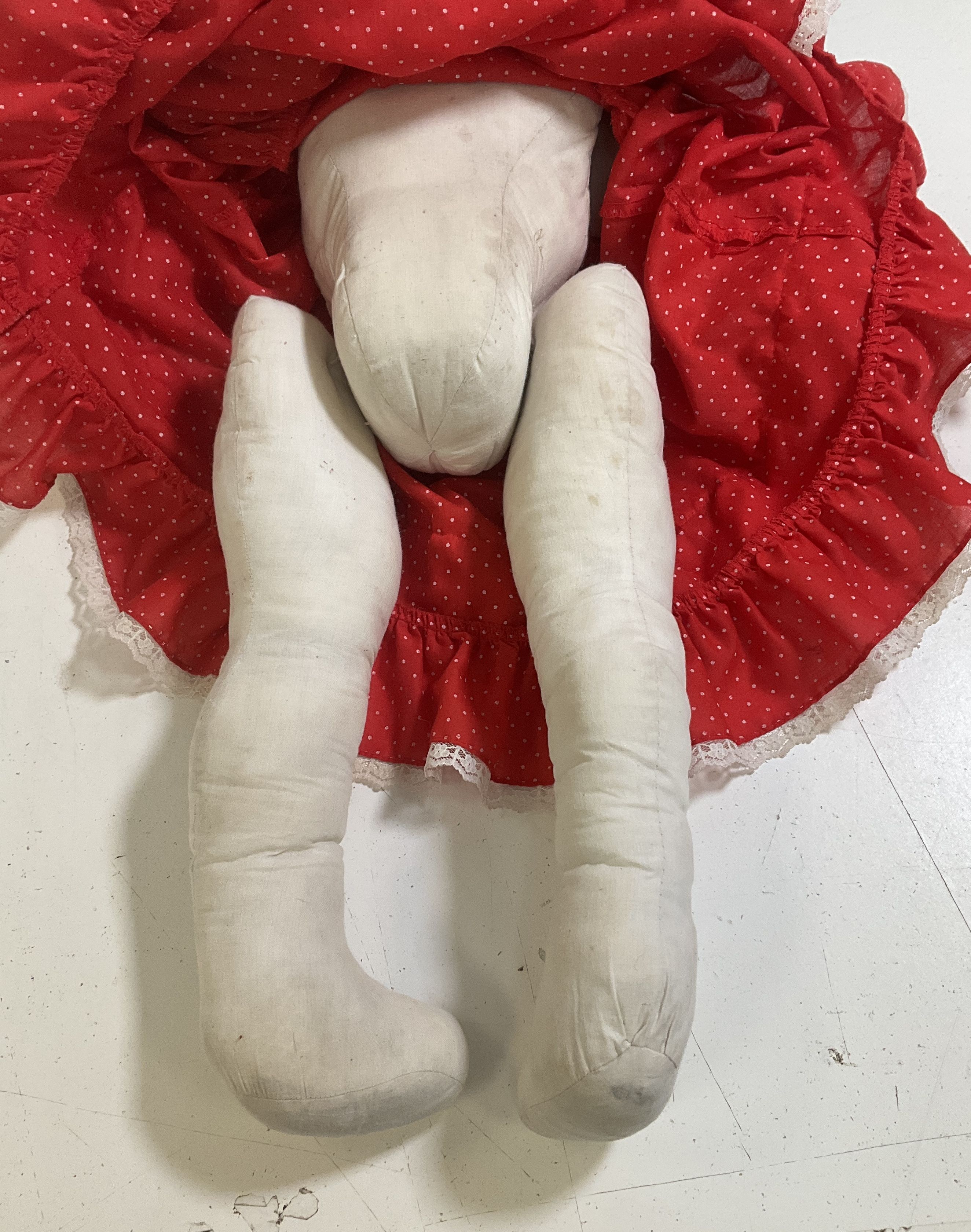 Vintage Handmade Folk Art Rag Doll "Bonnie" Painted Face Yarn Hair Red Dress