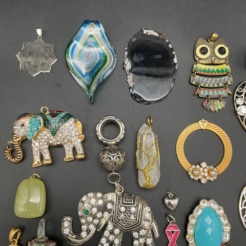 Vintage to Modern Costume Jewelry Pendant Lot 35+ Pc Rhinestone Figural Stones