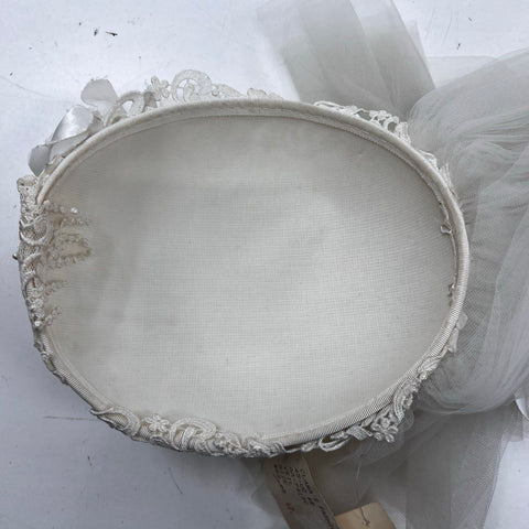 Vintage 80s Clara's Fashions Wedding Veil Lace Pillbox Cap Made in USA Sz OS