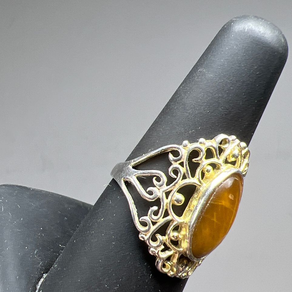 925 Sterling Silver Filigree Tiger's Eye Ring Size 6