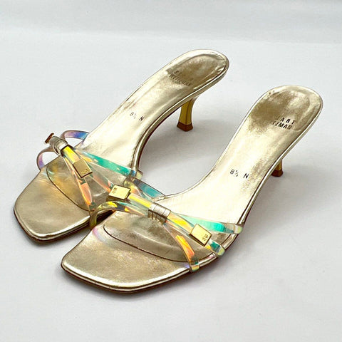 Vintage 90s Stuart Weitzman Gold Iridescent Clear Strappy Kitten Heels Size 8.5