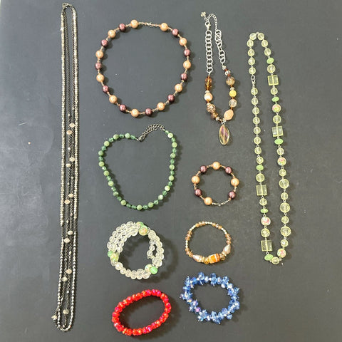 Sparkly Beaded Costume Necklaces and Bracelets Multifaceted Lot of 10 Pieces