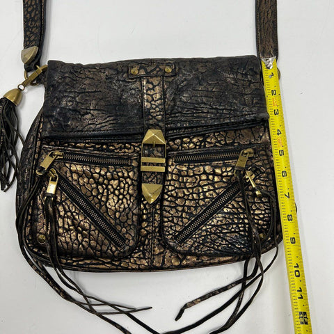 Rebecca Minkoff Copper Metallic Crackled Leather Flap Crossbody Bag Brass Tassel