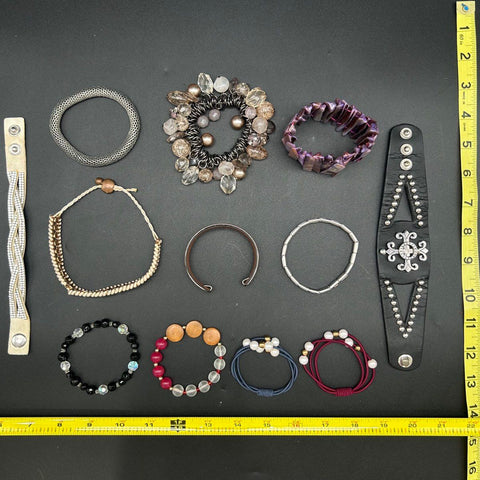 Vintage & Modern Costume Jewelry Lot of 13 Bracelets Leather Beaded Cuff Bangle