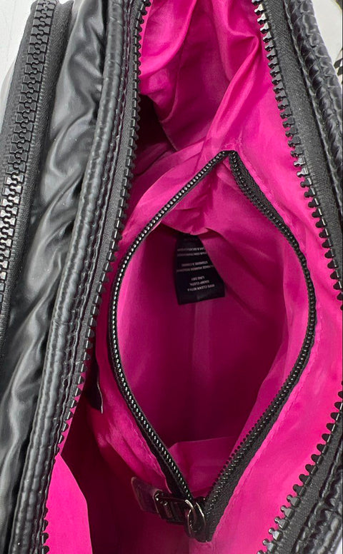 Think Royln Black Quilted Puffer Crossbody Bag Checkered Strap Gunmetal