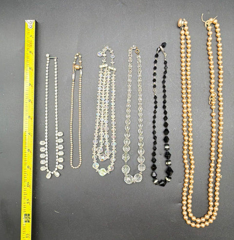 Vintage Costume Jewelry Necklace Lot 6 Pc Rhinestone Faux Pearl Austria Crystal