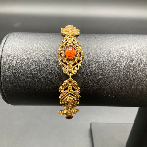 Vintage Lisner Gold Tone Victorian Revival Link Bracelet Amber Tone Stones 7"
