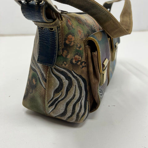 Anuschka Hand Painted Leather Shoulder Bag Peacock Animal Print Gold Hardware