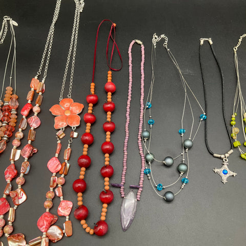 Vintage & Modern Costume Jewelry Lot of 10 Necklaces Boho Beaded Shell Cross