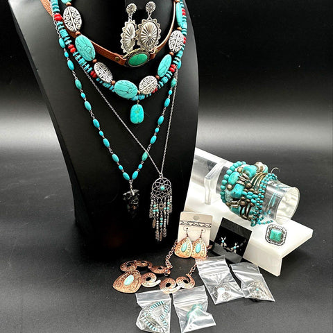 Southwestern Style Faux Turquoise Jewelry Lot 19pc Necklaces Earrings Bracelets