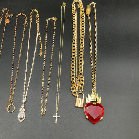 Fashion Costume Jewelry Lot 12 Gold Tone Charm Necklaces Heart Cross Rhinestone