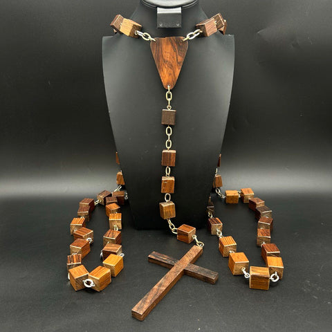 Large Vintage Wooden Church Wall Rosary Square Cube Beads Wood Cross Crucifix