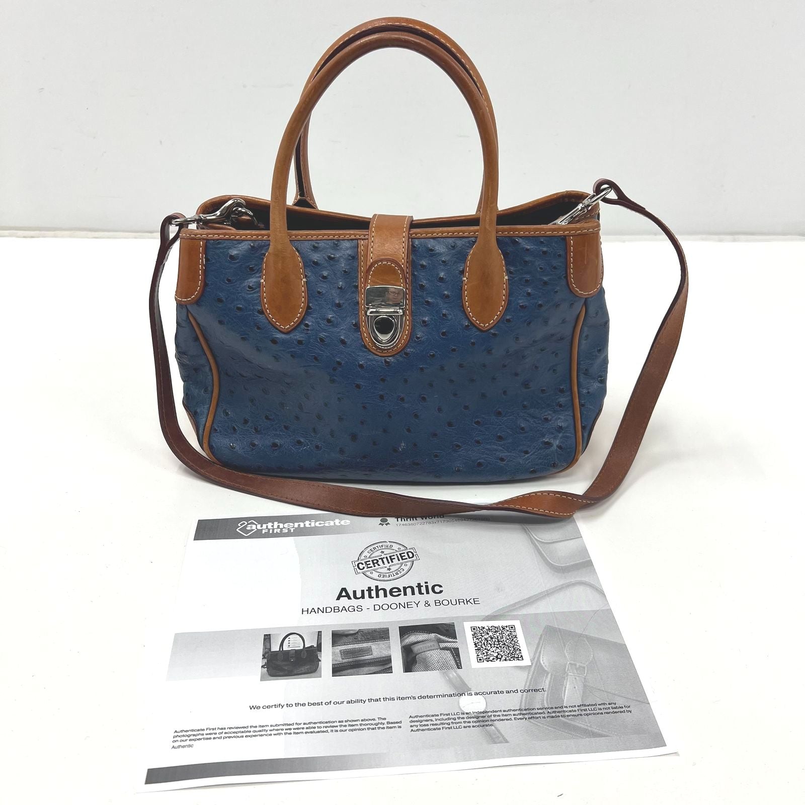 COA Vintage Dooney & Bourke Ostrich Blue Leather Crossbody Satchel Bag J6875649