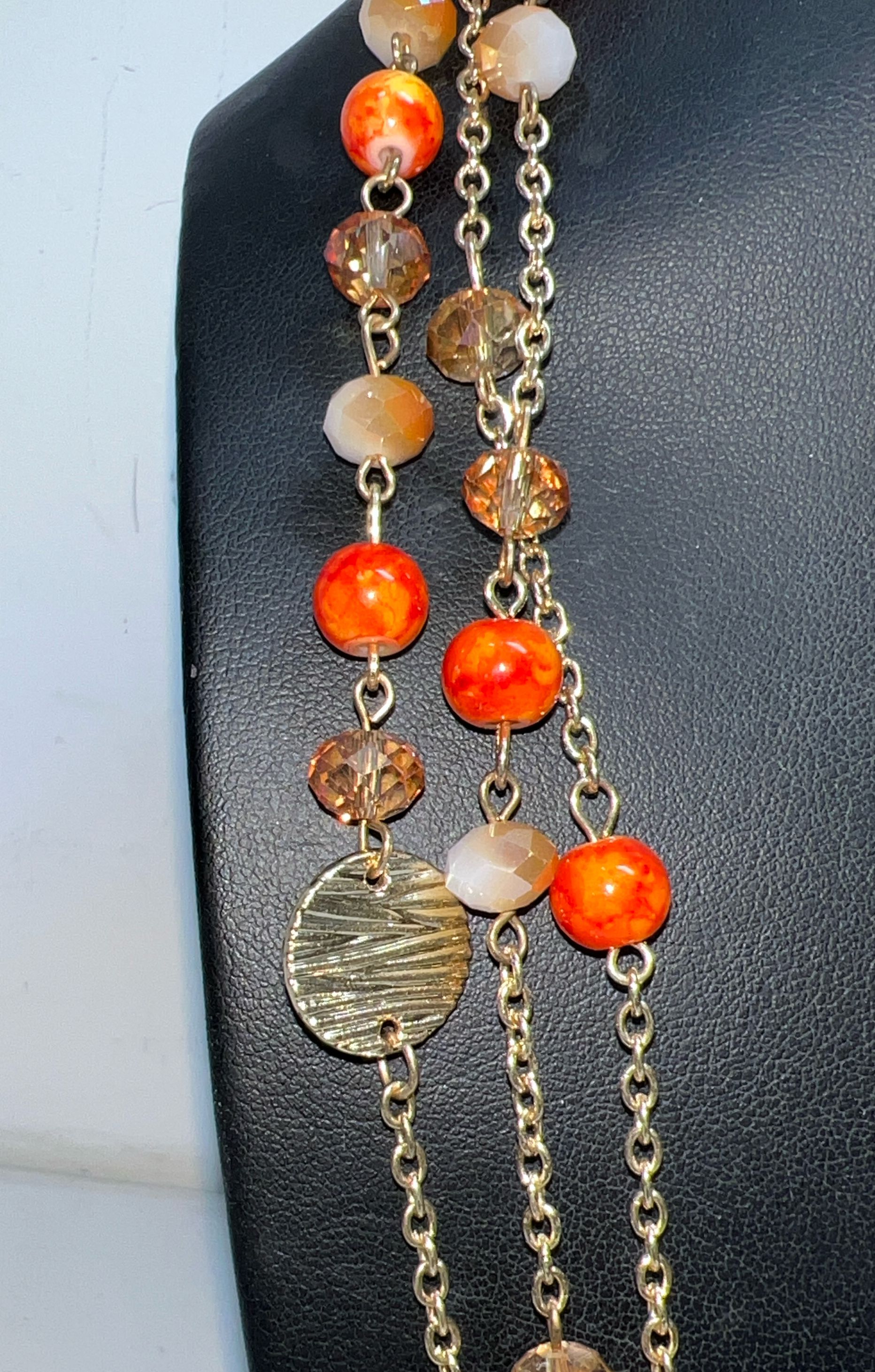 Orange Multifaceted Beaded Gold Tone Necklace