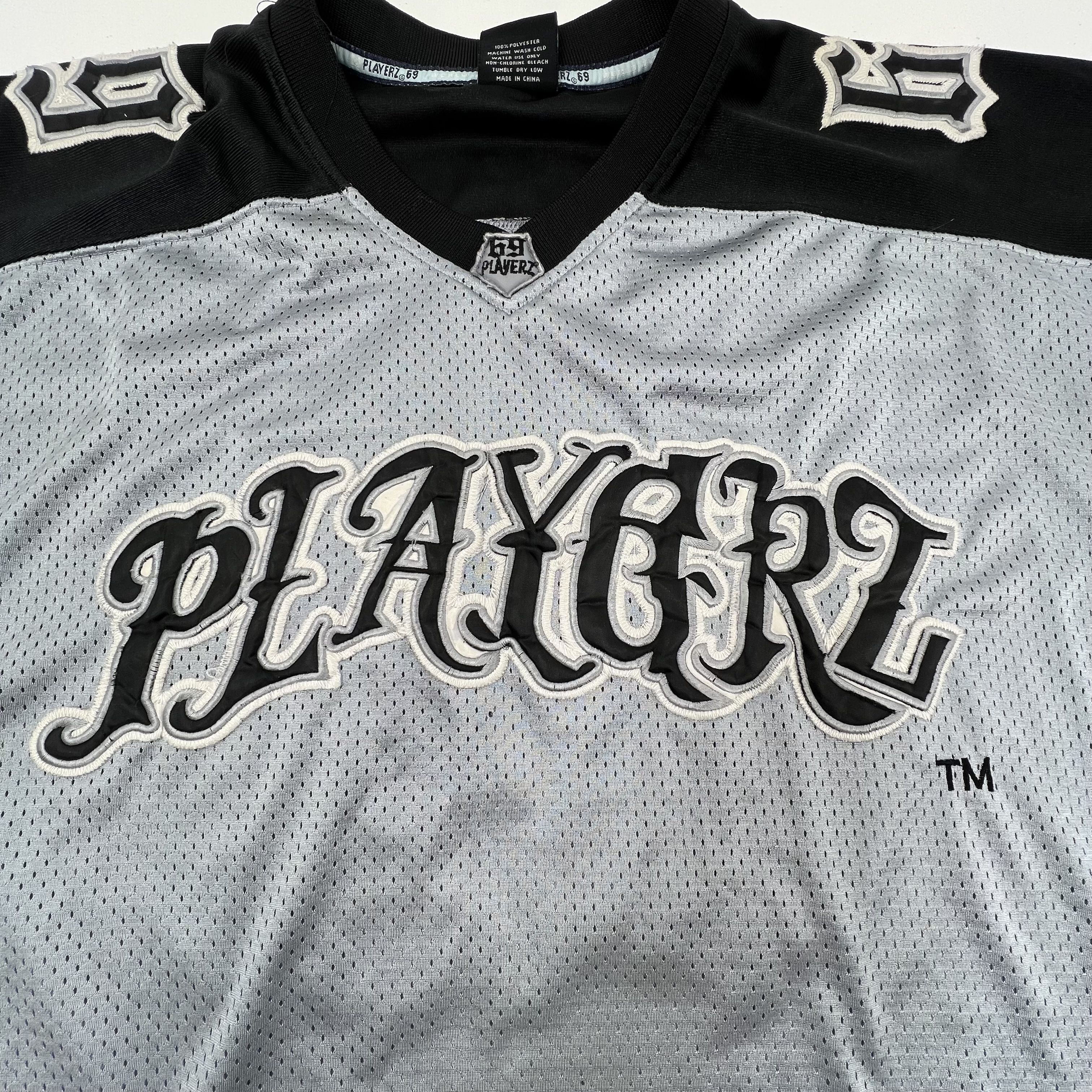 Playerz 69 Gray Black Vintage Y2K Embroidered Hip Hop Football Jersey Men's L