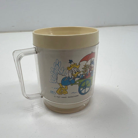 Vintage 70s Walt Disney Productions Mickey Mouse Donald Insulated Plastic Mug
