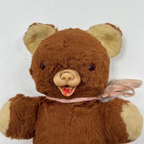 Vintage 50s 60s Rubber Face Teddy Bear Plush Brown Mid Century Kitsch Toy Doll