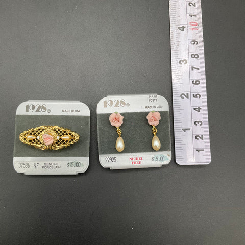 1928 Victorian Revival Pink Rose Porcelain Brooch Earrings Set 14K GF Posts