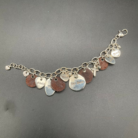 Brighton Amulet Charm Bracelet Silver Tone Leather Heart Cross Latin Words 7"