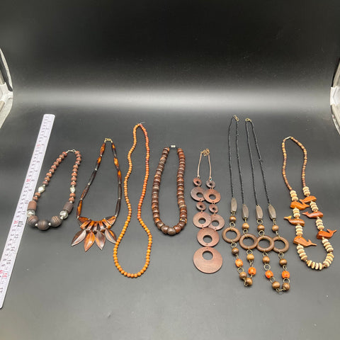 Vintage Boho Natural Wood Beaded Statement Necklaces Jewelry Lot of 7