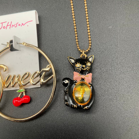 Betsey Johnson Costume Jewelry Lot of 3 Necklace Hoop Earrings Cat Blue Floral