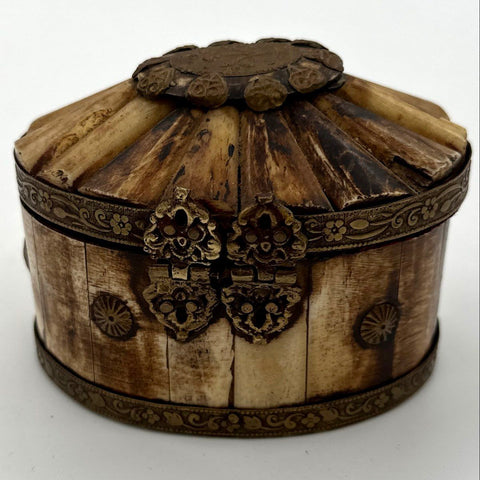 Vintage Bone and Brass Tone Trinket Box Oval Lined Jewelry Casket Handmade